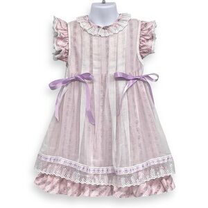 Vintage 80s Peaches ‘N Cream Girls Pink Floral Lace Trim Pinafore Dress Size 6